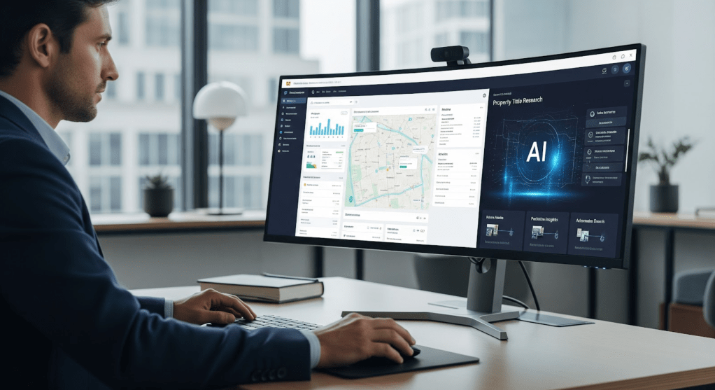 Businessman in office lookin at property title research computer AI screen