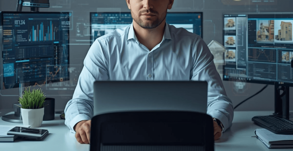 Abstract researcher working on his laptop with high tech