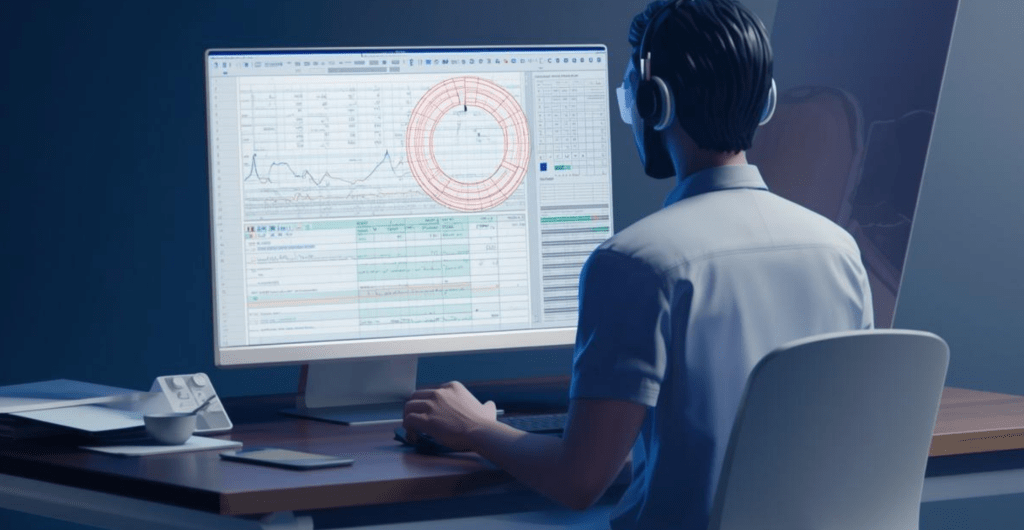 Abstractor looking at computer with spreadsheets open