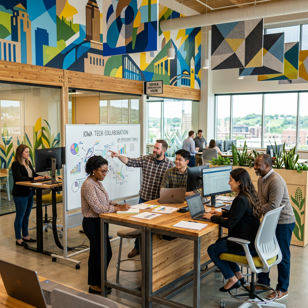 People working together discussing tech collaboration goals around a whiteboard and computers in a modern office.